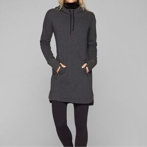 Athleta Cozy Karma Sweater Dress M medium Hoodie Cowl Neck Charcoal Gray
